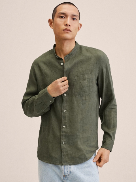 

MANGO MAN Olive Green Solid Linen Casual Shirt