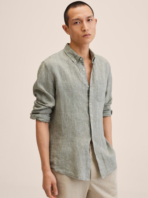 

MANGO MAN Charcoal Grey Solid Linen Casual Shirt