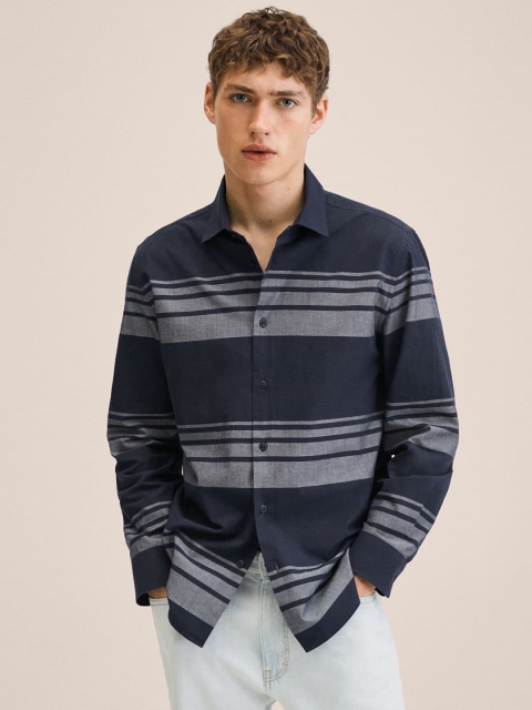 

MANGO MAN Navy Blue & Grey Horizontal Striped Casual Shirt