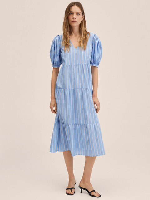 

MANGO Women Blue & White Striped Puff Sleeves Tiered Design A-Line Midi Pure Cotton Dress