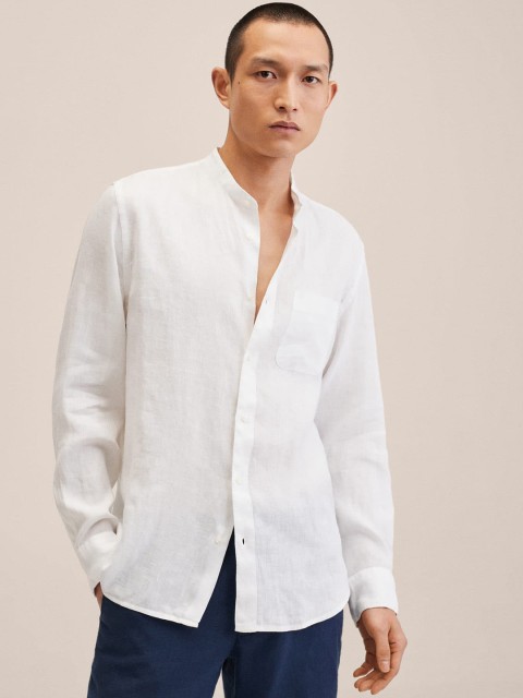 

MANGO MAN White Solid Linen Slim Fit Casual Shirt