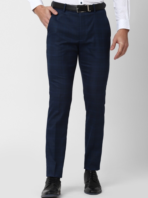 

Peter England Men Navy Blue Checked Slim Fit Trousers