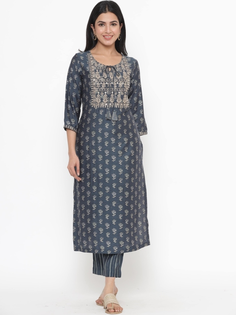 

JAVTA Women Blue Ethnic Motifs Printed Kurta with Trousers