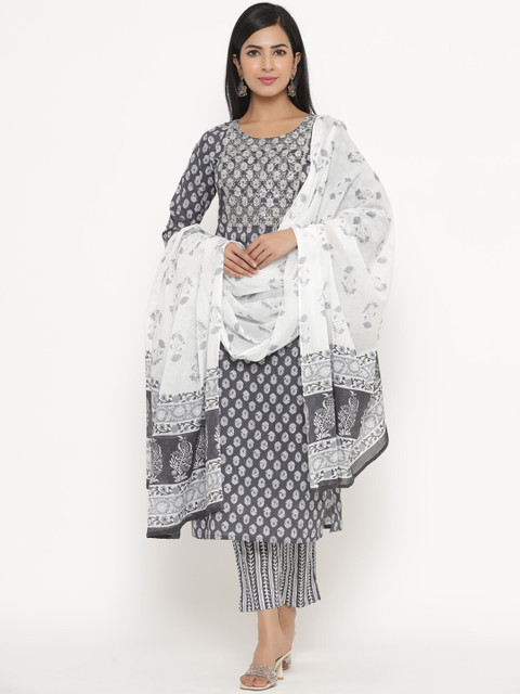 

JAVTA Women Grey Ethnic Motifs Printed Tiered Pure Cotton Kurti with Palazzos & With Dupatta