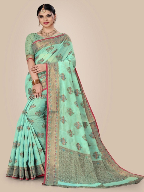 

Rivana Turquoise Blue & Pink Floral Zari Pure Cotton Chanderi Saree