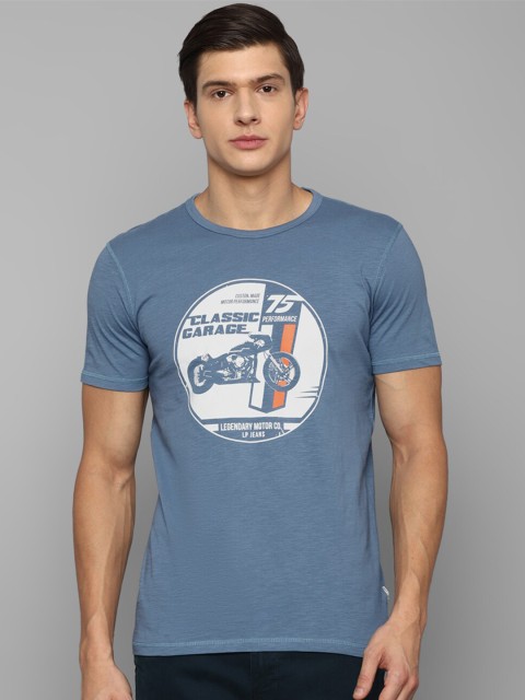

Louis Philippe Jeans Men Blue Typography Printed Raw Edge Slim Fit T-shirt