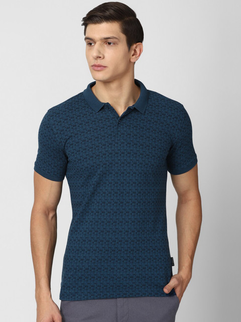 

V Dot Men Blue Printed Polo Collar Slim Fit T-shirt 100% Cotton