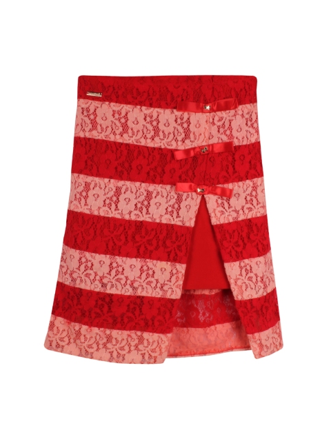 

CUTECUMBER Girls Red & Peach Striped Lace A-Line Skirt