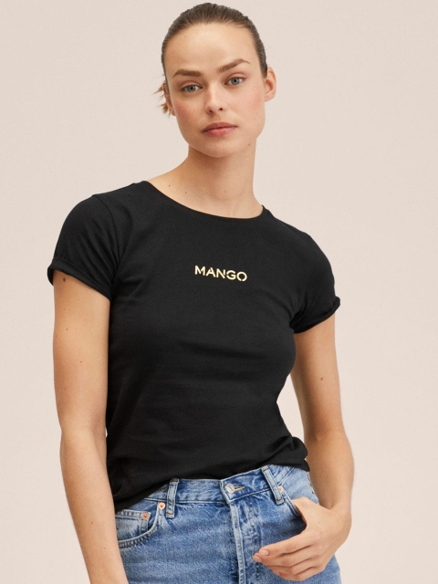 

MANGO Women Black Brand Logo Printed Pure Cotton T-shirt