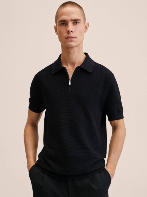 

MANGO MAN Black Pure Cotton Polo Collar T-shirt