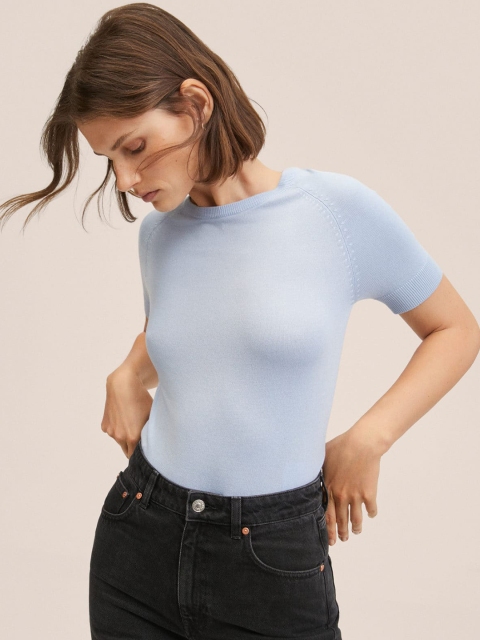 

MANGO Women Blue Ribbed Top