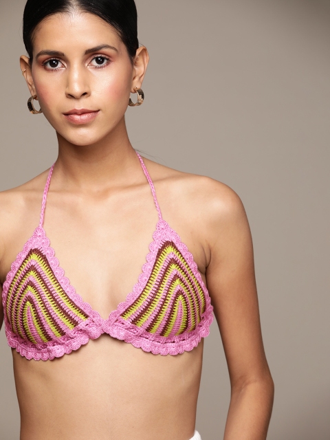 

MANGO Women Pink & Green Crochet Swim Bikini Top