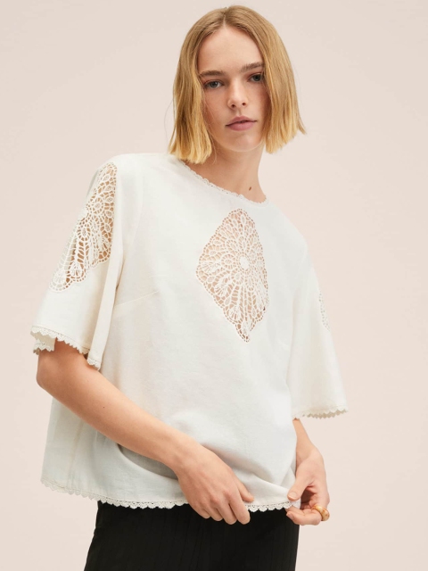 

MANGO White Floral Embroidered Loose Top