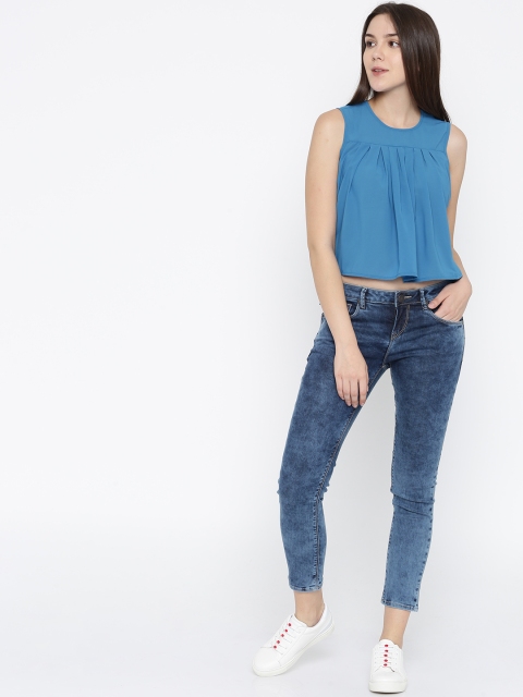 

Mast & Harbour Women Blue Solid High-Low Top