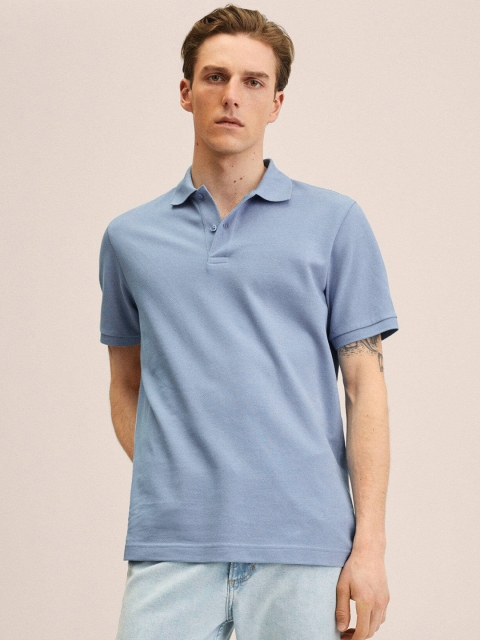 

MANGO MAN Blue Solid Pure Cotton T-shirt