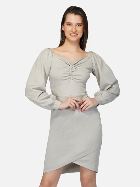 

IMPERATIVE Grey Puff Sleeve Smocked Bodycon Dress