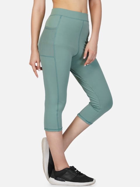 

IMPERATIVE Women Green Tights Yoga Pants With 2 Phone Pockets With Mesh Inserts