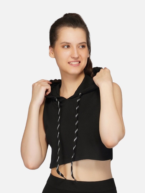 

IMPERATIVE Women Black Hooded Crop Cotton T-shirt