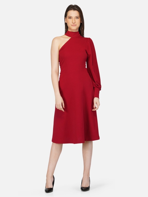 

IMPERATIVE Maroon One Shoulder Fit & Flare Dress