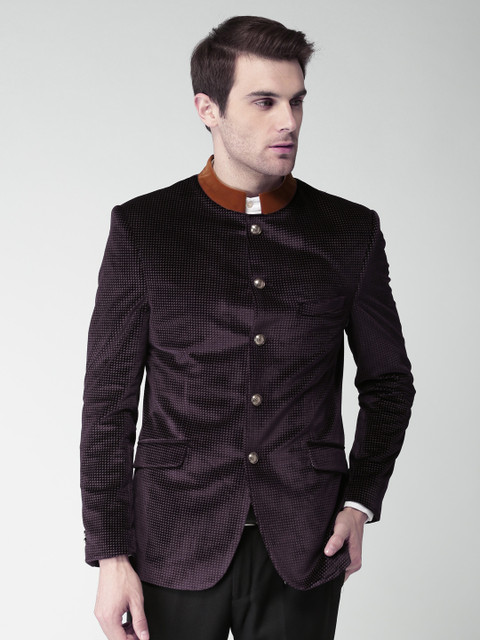 

INVICTUS Purple Velvet Slim Fit Patterned Ethnic Bandhgala Blazer