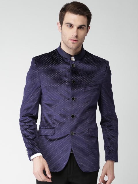 

INVICTUS Navy Printed Slim Fit Ethnic Bandhgala Blazer, Navy blue