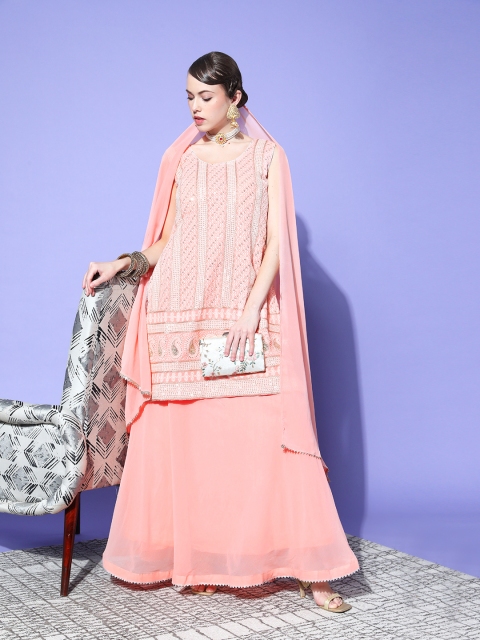 

Chhabra 555 Women Geometric Poly-Georgette Ethereal Embroidery Kurta Set, Pink