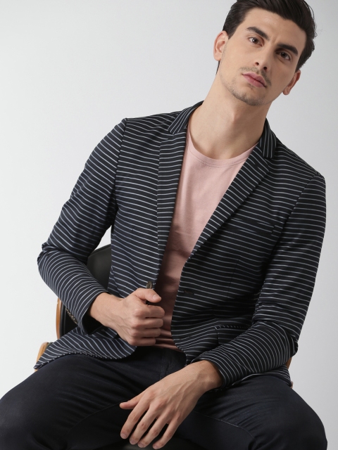 

INVICTUS Navy Striped Slim Fit Single-Breasted Casual Blazer, Navy blue