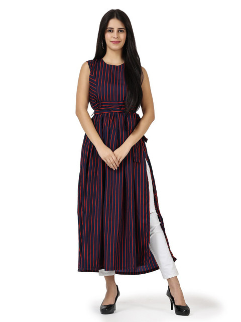 

Frempy Navy Blue Striped Crepe Maxi Dress