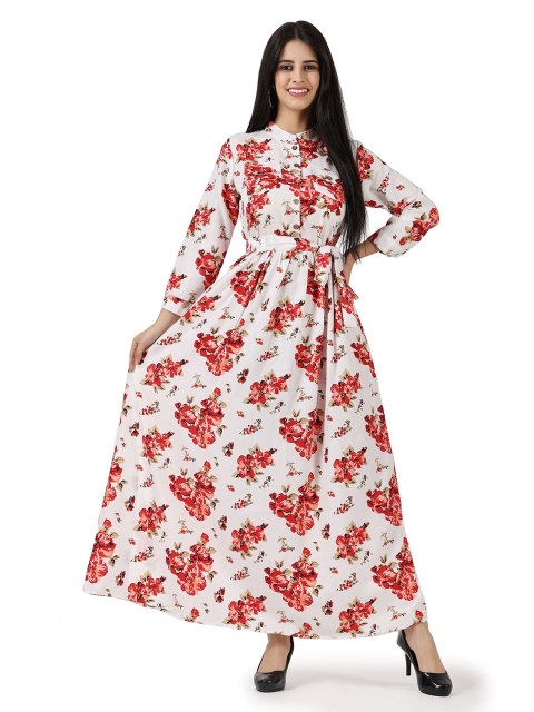 

Frempy White & Red Floral Crepe Maxi Dress