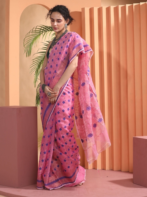 

BEATITUDE Pink & Blue Woven Design Zari Silk Cotton Jamdani Saree