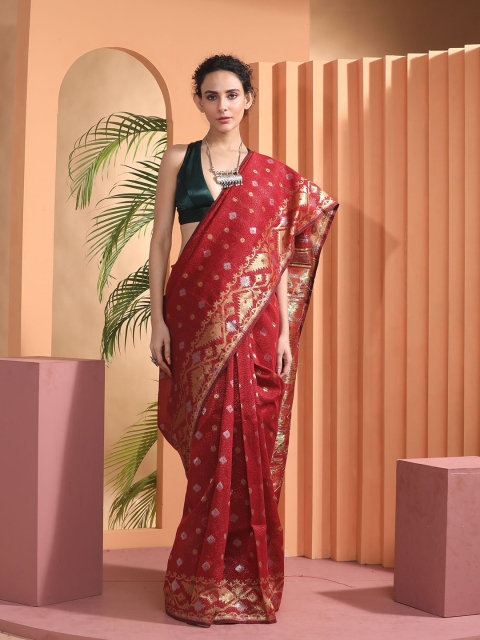 

BEATITUDE Red & Gold-Toned Floral Silk Cotton Jamdani Saree