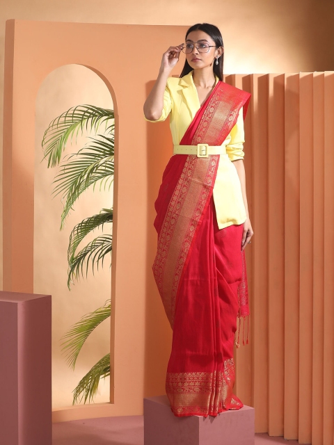 

BEATITUDE Red & Gold-Toned Ethnic Motifs Zari Pure Linen Banarasi Saree