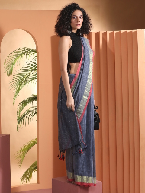 

BEATITUDE Grey & Silver-Toned Zari Pure Cotton Saree