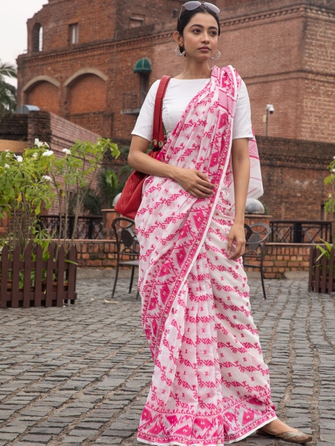 

BEATITUDE White & Pink Woven Design Silk Cotton Jamdani Saree
