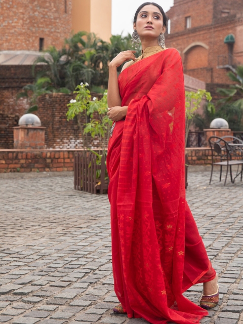

BEATITUDE Red Floral Gotta Patti Silk Cotton Jamdani Saree