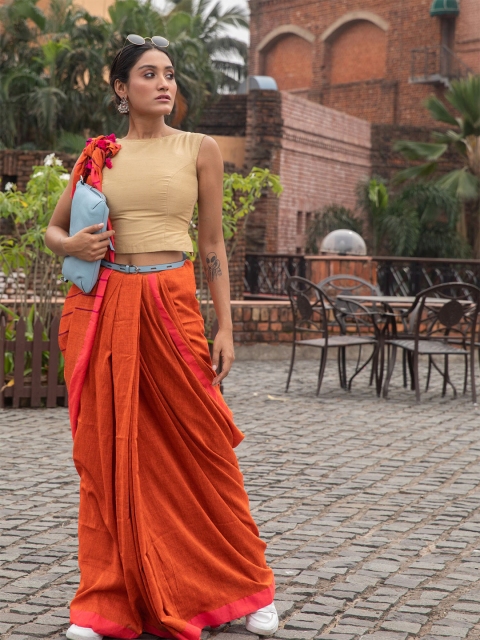 

BEATITUDE Orange & Pink Woven Design Pure Cotton Saree