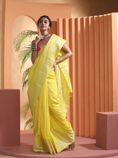 

BEATITUDE Yellow & Silver-Toned Zari Woven Design Pure Linen Saree