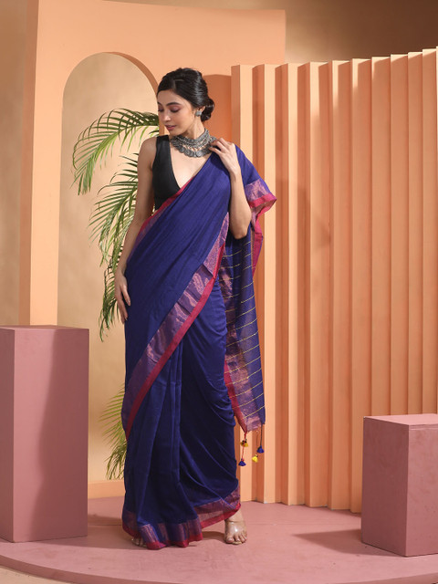 

BEATITUDE Blue & Pink Striped Gotta Patti Pure Cotton Saree