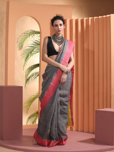 

BEATITUDE Grey & Pink Pure Linen Saree