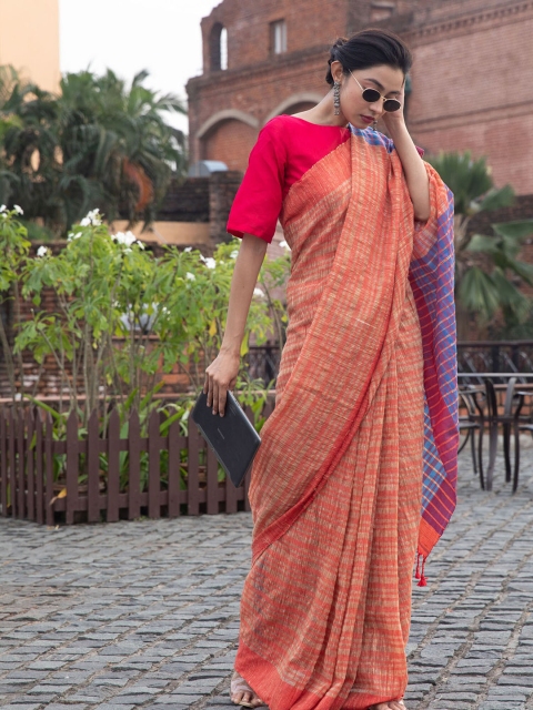 

BEATITUDE Orange & Purple Striped Woven Design Ghicha Cotton Saree