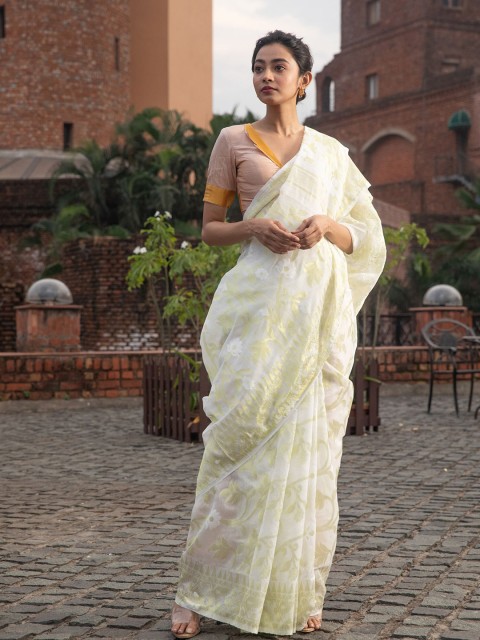 

BEATITUDE Off White & Green Floral Zari Silk Cotton Jamdani Saree