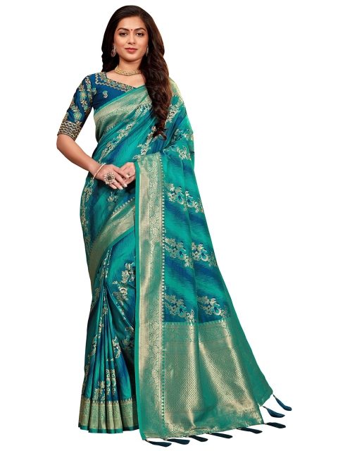 

MANOHARI Blue & Gold-Toned Woven Design Zari Silk Blend Banarasi Saree