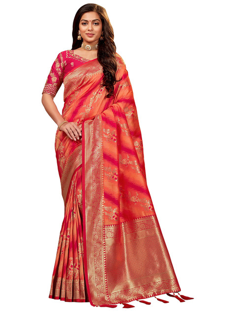 

MANOHARI Peach-Coloured & Gold-Toned Woven Design Zari Silk Blend Heavy Work Banarasi Saree
