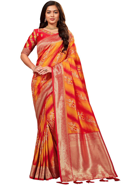 

MANOHARI Orange & Gold-Toned Woven Design Zari Silk Blend Banarasi Saree