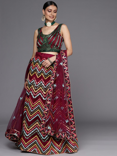 

Chhabra 555 Burgundy Embroidered Semi-Stitched Lehenga & Unstitched Blouse With Dupatta