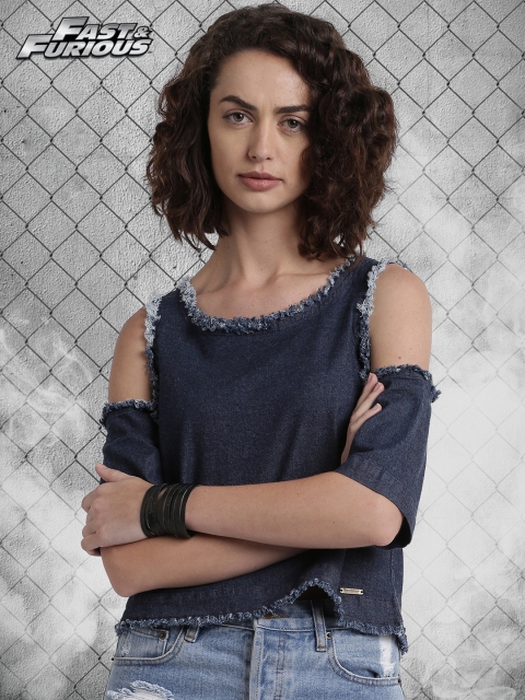 

Roadster Fast and Furious Blue Solid Cold Shoulder Top