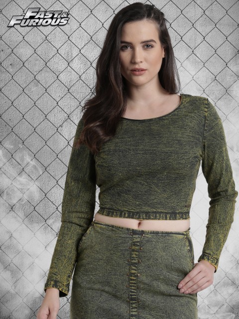 

Roadster Fast and Furious Women Denim Green Solid Top