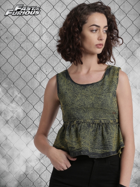 

Roadster Fast and Furious Women Green Solid High Low Denim Top
