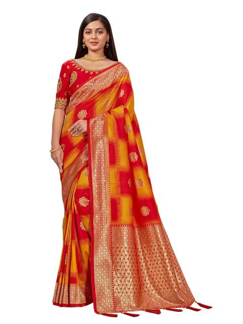 

MANOHARI Red Woven Design Embroidered Silk Blend Ready to Wear Banarasi Saree