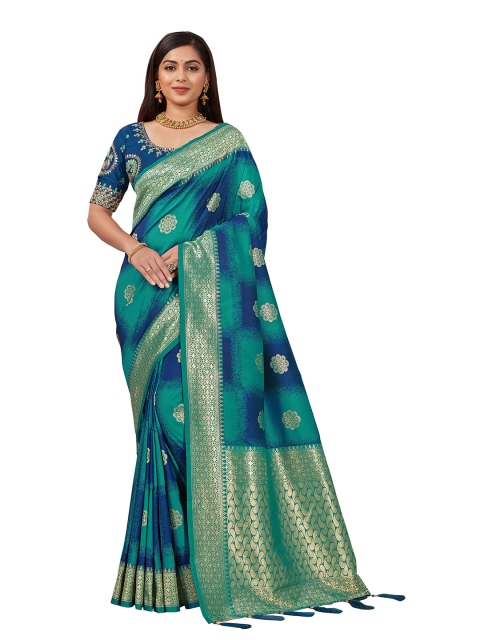 

MANOHARI Blue & Green Woven Design Zari Silk Blend Banarasi Saree